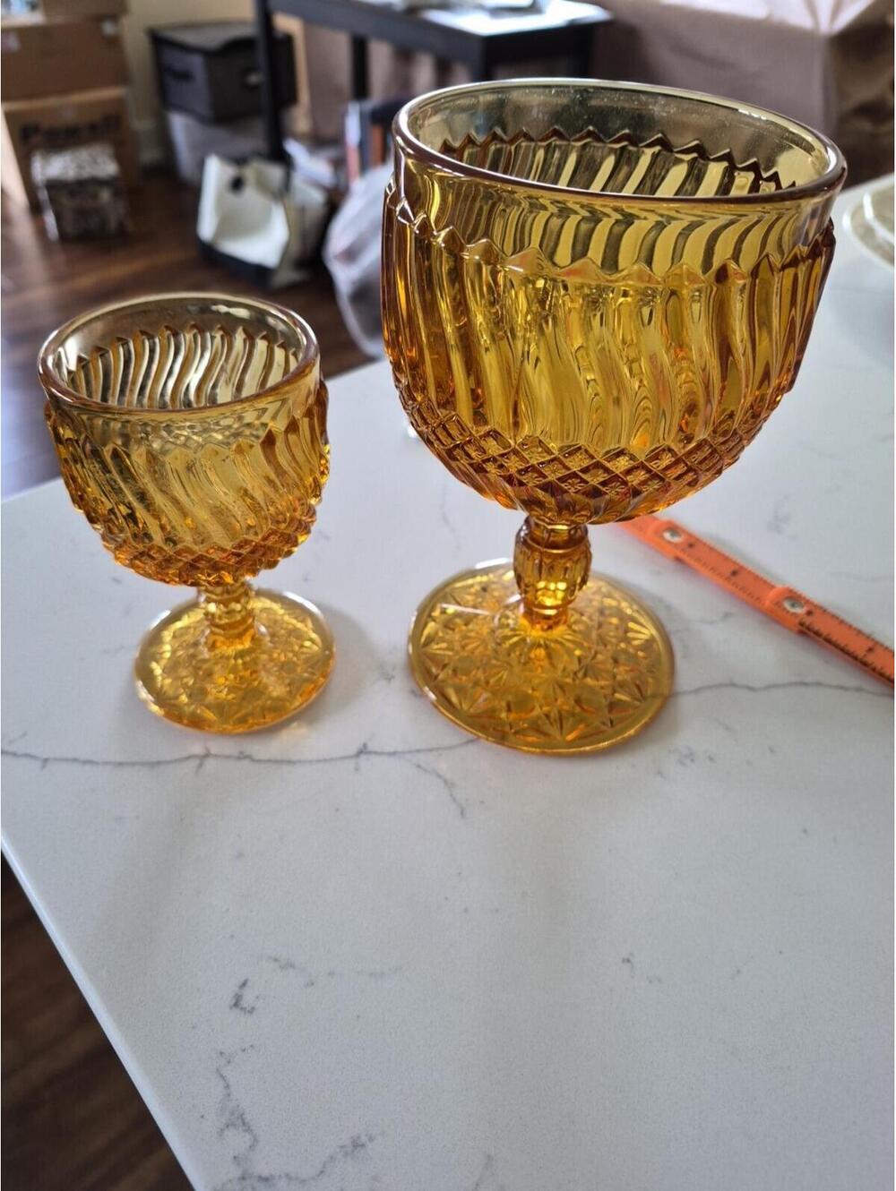 Vintage Indiana Glass Wine Glasses Water Goblets Amber Diamond Point Set Of 2